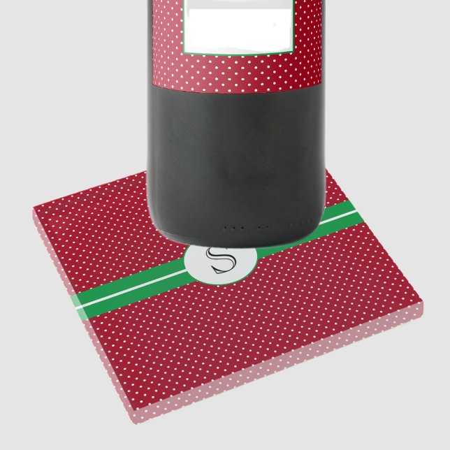 Monogram Initial, Red Green, White Polka Dots Glass Coaster (Creator Uploaded)