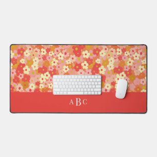 Monogram Initial Retro Floral Pink Red Warm Desk Mat