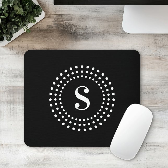Monogram initial retro radial dots on black mouse pad (Monogram initial retro radial dots on black mouse pad)