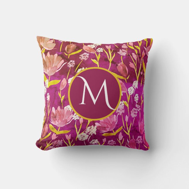 Monogram Initial Romantic Burgundy Floral   Cushion (Front)