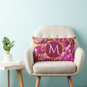 Monogram Initial Romantic Burgundy Floral Lumbar Cushion