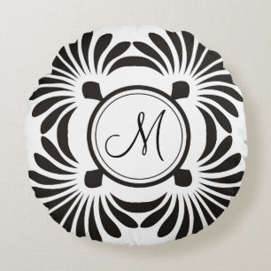 Monogram Initial Round Pillow-Black Floral Round Cushion