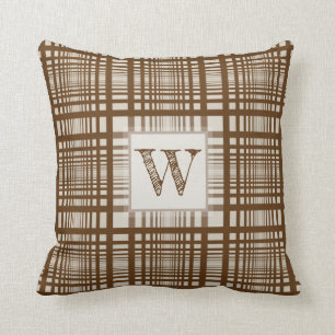 Monogram Initial Rustic Boho Brown Tan Plaid Lines Cushion