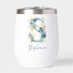 Monogram Initial S Blue Floral Watercolor Gift Her