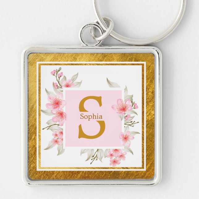 Monogram Initial "S" Floral - Pink Roses & Gold Key Ring (Front)