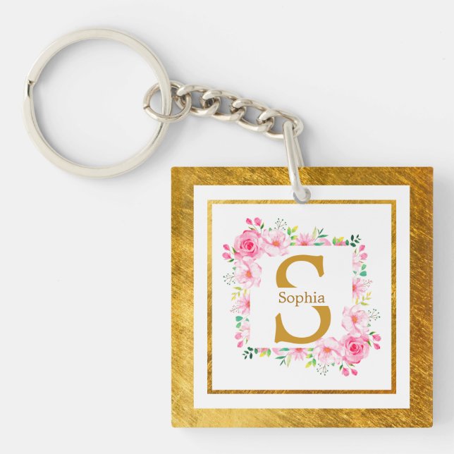 Monogram Initial "S" Floral - Pink Roses & Gold Key Ring (Front)