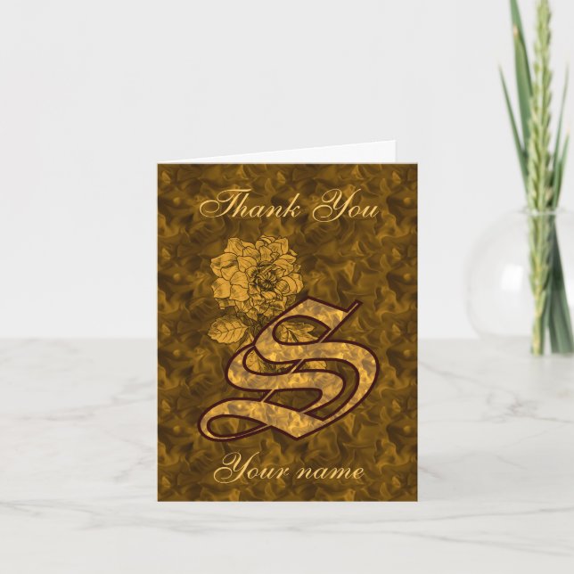 Monogram Initial S Gold Satin Peony Personalised Thank You Card (Front)