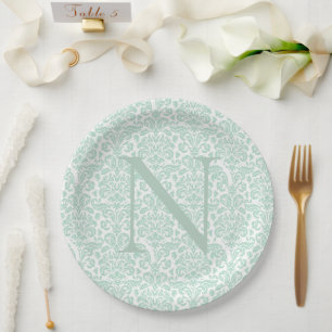 Monogram Initial Sage Green Damask Paper Plate