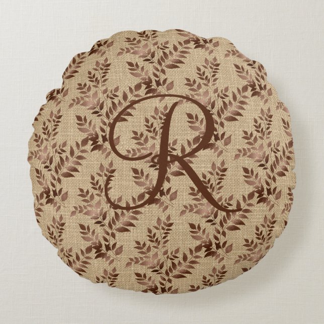 Monogram Initial Script Brown Rose Gold Leaves Round Cushion (Front)