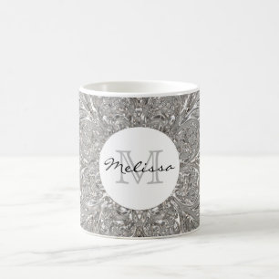 Monogram Initial Silver Metallic Glass Design Coffee Mug
