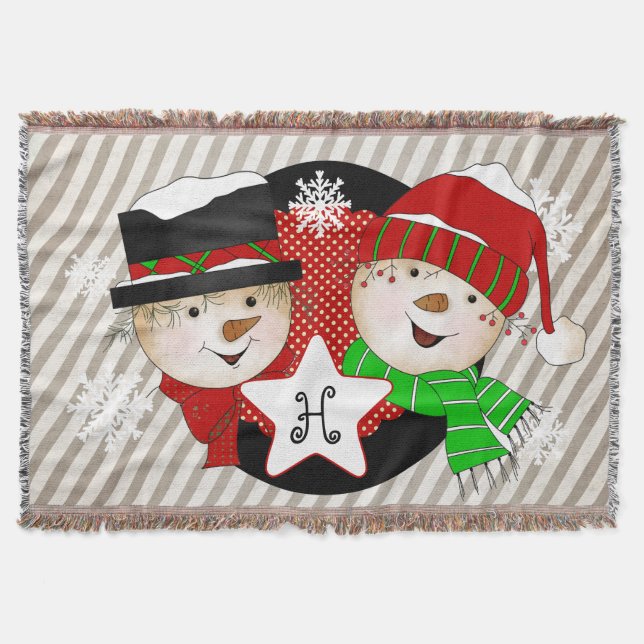 Monogram Initial Snowmen on Grey Stripe Throw (Front)
