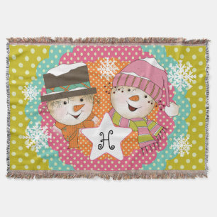 Monogram Initial Snowmen on Multi Dot Throw Blanket
