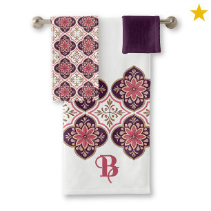 Monogram Initial Spanish Tiles Flower Pattern Bath Towel Set