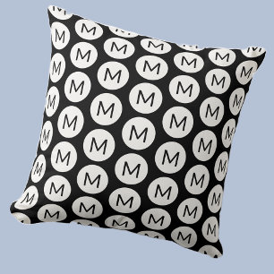 Monogram Initial Spot Pattern Personalised Black Cushion