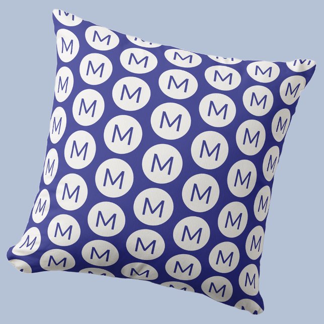 Monogram Initial Spot Pattern Personalised Blue Cushion (Polka dot spot pattern modern monogram initial personalized pillow In blue and white)