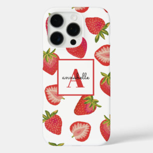 Monogram Initial Summer Strawberry Pattern iPhone 16 Pro Case