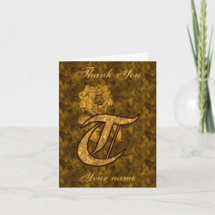 Monogram Initial T Gold Satin Peony Personalised Thank You Card