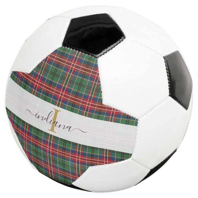 Monogram Initial Tartan Plaid Script Name Soccer Ball (Three Quarter)