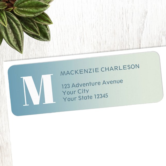 Monogram Initial Teal Aqua Gradient Return Address Label (Modern monogram initial name teal aqua blue gradient personalized return address labels)
