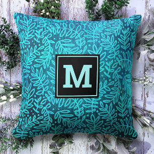 Monogram initial turquoise leaf pattern modern cushion