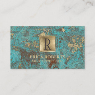 Monogram Initial Vintage Gold Turquoise & Teal Business Card