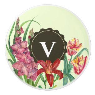 Monogram Initial Warm Colour Floral Illustration Ceramic Knob
