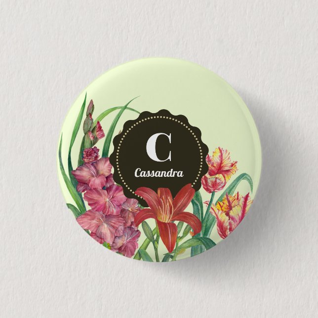 Monogram Initial Warm Colour Floral Spring Blooms 3 Cm Round Badge (Front)