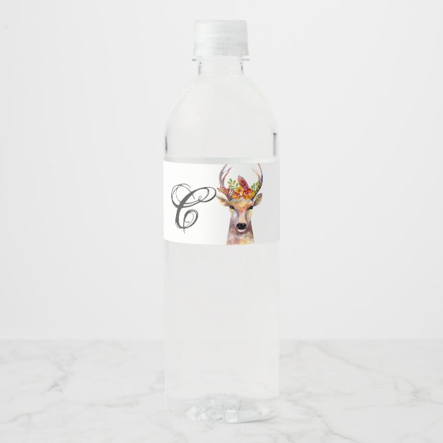 Monogram Initial Water Bottle Label boho deer Buck (Front)