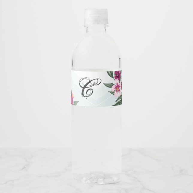 Monogram Initial Water Bottle Label Tropical Flowe (Front)
