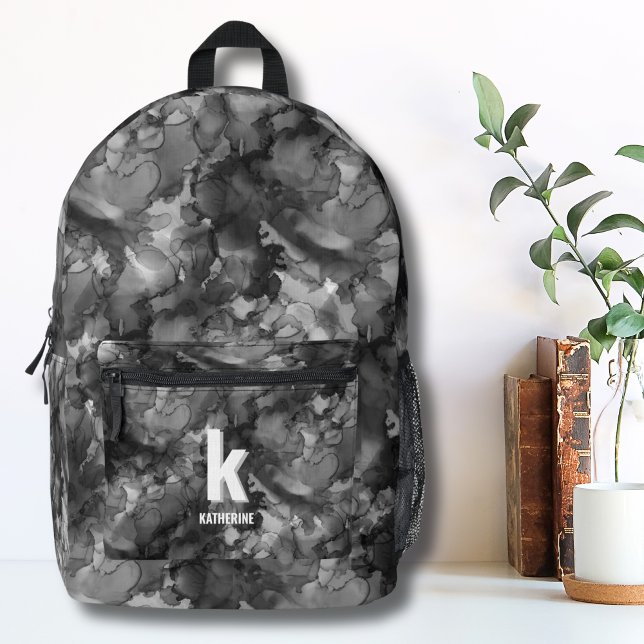 Monogram Initial Watercolor Black White Girls Printed Backpack (Cute Monogram Initial Name Black White Watercolor Printed Backpack)