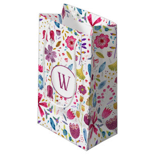Monogram Initial Watercolor Floral Pattern Small Gift Bag