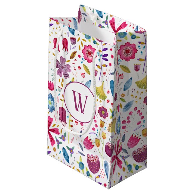 Monogram Initial Watercolor Floral Pattern Small Gift Bag (Front Angled)