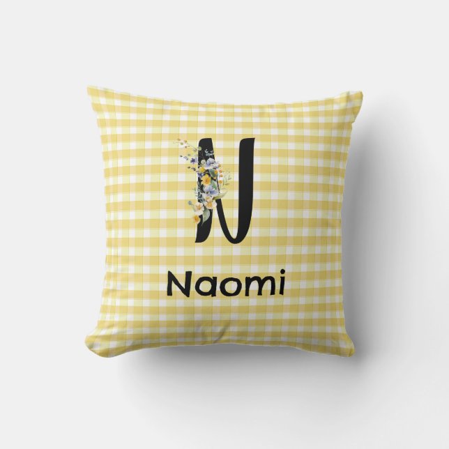Monogram initial watercolor flower gingham pattern cushion (Front)