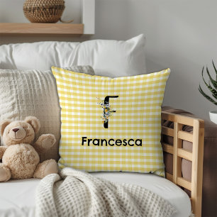 Monogram initial watercolor flower gingham pattern cushion