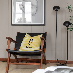Monogram initial watercolor flower gingham pattern cushion