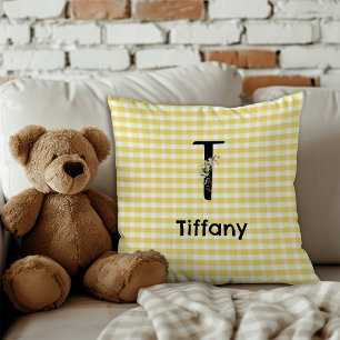 Monogram initial watercolor flower gingham pattern cushion