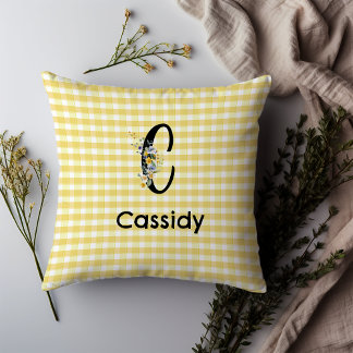 Monogram initial watercolor flower gingham pattern cushion