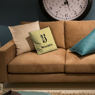 Monogram initial watercolor flower gingham pattern cushion