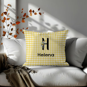 Monogram initial watercolor flower gingham pattern cushion