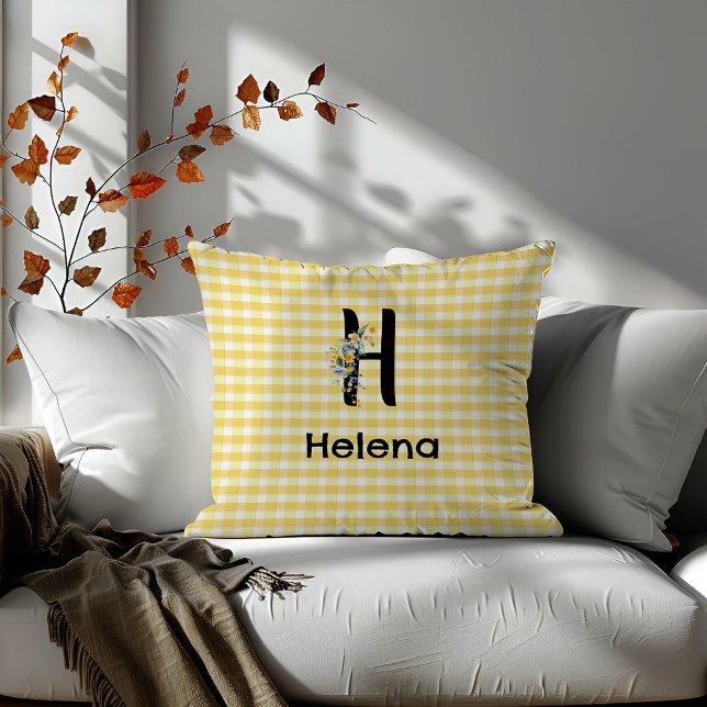 Monogram initial watercolor flower gingham pattern cushion (Creator Uploaded)