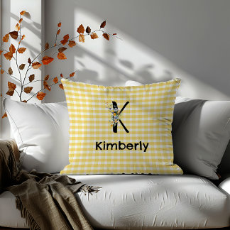Monogram initial watercolor flower gingham pattern cushion