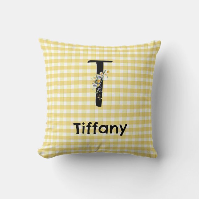 Monogram initial watercolor flower gingham pattern cushion (Front)
