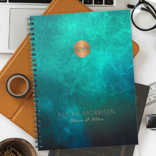Monogram initial watercolor green gold office notebook