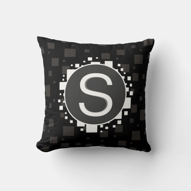 Monogram Initial White Black Grey Circles Squares Cushion (Front)