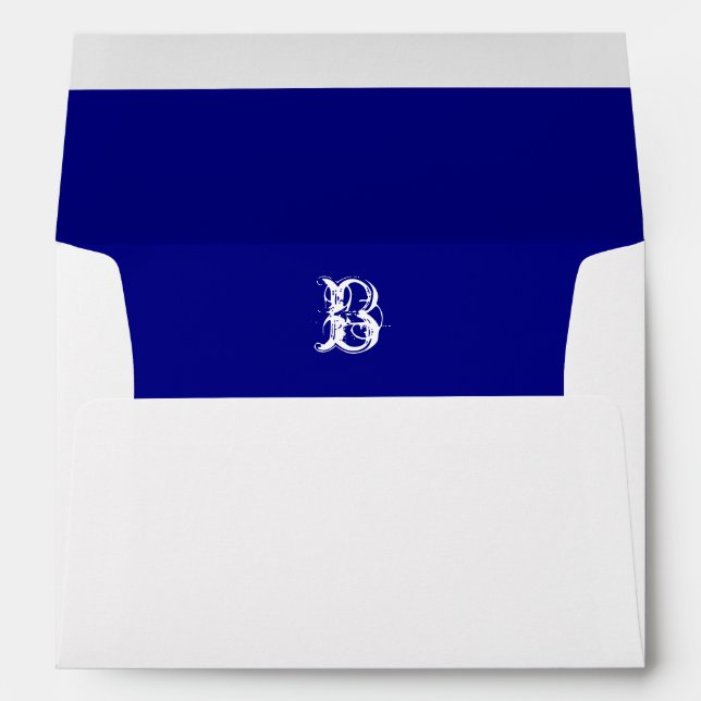 Monogram Initial White Envelope, Royal Blue Liner Envelope (Back (Bottom))