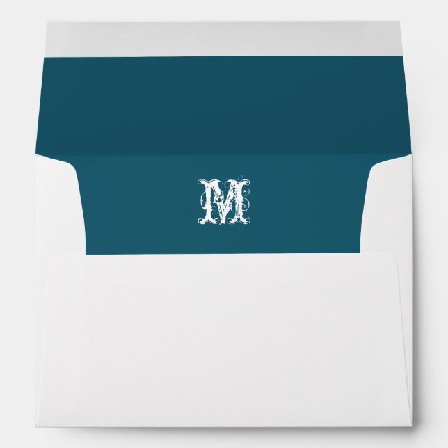Monogram Initial White Envelope, Teal  Lined Envelopes (Back (Bottom))