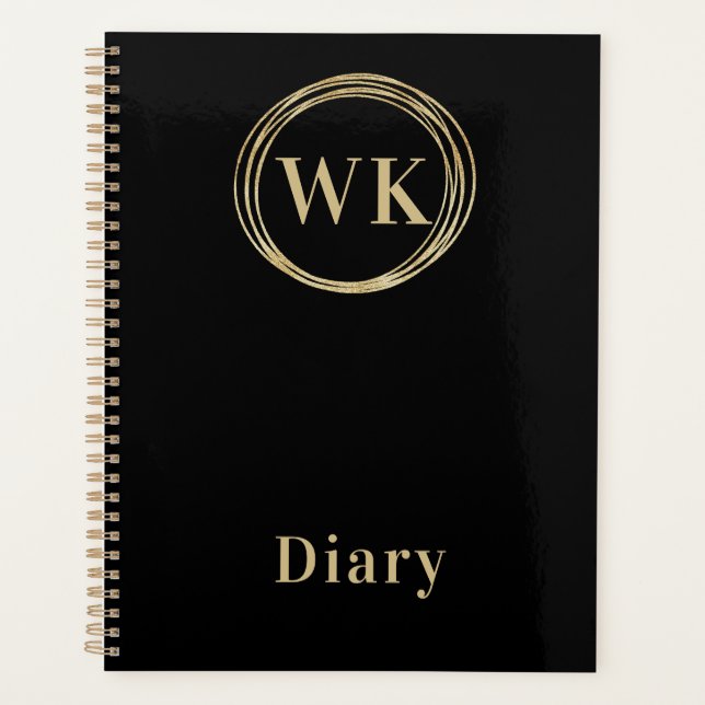 Monogram Initials Black Gold Circles Diary Planner (Front)