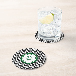 Monogram Initials, Black & White Houndstooth (6) Round Paper Coaster