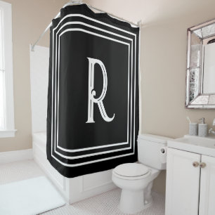 Monogram Initials Black White Script Stylish Shower Curtain