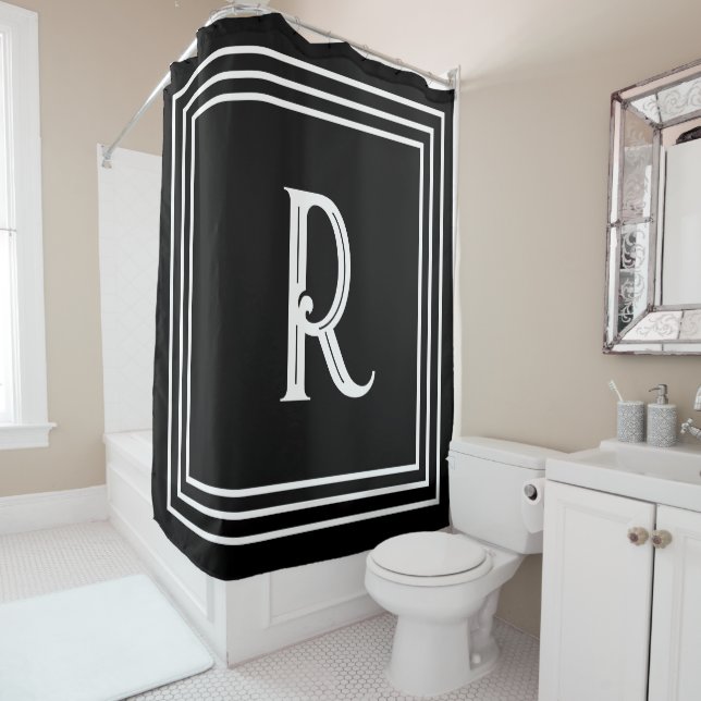 Monogram Initials Black White Script Stylish Shower Curtain (In Situ)